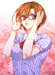 Rule 34 | 1girl, brown eyes, brown hair, glasses, meiko (vocaloid), nail polish, norihe, red nails, shirt, solo, vocaloid