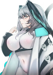 Rule 34 | 1girl, absurdres, adjusting clothes, aqua eyes, arknights, bodysuit, breasts, closed mouth, coat, covered navel, cowboy shot, elsi, framed breasts, grey hair, hand up, head wings, highres, ho&#039;olheyak (arknights), impossible bodysuit, impossible clothes, large breasts, long hair, long sleeves, looking at viewer, open clothes, open coat, simple background, solo, tail, white background, white bodysuit, white coat, wings