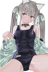 Rule 34 | 1girl, animal ears, bare shoulders, bell, black one-piece swimsuit, black school swimsuit, blush, bow, breasts, cat ears, choker, closed mouth, eyebrows hidden by hair, green bow, green eyes, green jacket, grey hair, hair between eyes, hair bow, head tilt, highres, jacket, jingle bell, long hair, luicent, neck bell, off shoulder, old school swimsuit, one-piece swimsuit, original, school swimsuit, sidelocks, simple background, small breasts, solo, swimsuit, twintails, white background, white choker