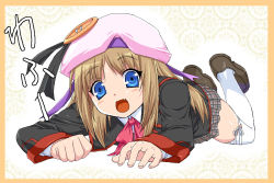 Rule 34 | 1girl, blue eyes, bow, buttons, fang, hat, large buttons, little busters!, noumi kudryavka, pink bow, plaid, plaid skirt, school uniform, serafuku, shichimenchou, skirt, solo, thighhighs