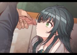 Rule 34 | 1girl, black hair, blurry, blurry background, censored, closed mouth, commentary request, erere, gakuen idolmaster, green eyes, grey jacket, idolmaster, indoors, jacket, letterboxed, long hair, looking at penis, mosaic censoring, penis, shirt, solo focus, tsukimura temari, upper body, white shirt