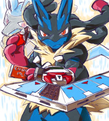 Rule 34 | candy, chocolate, chocolate bar, creatures (company), crossover, duel disk, eating, food, furry, game freak, gen 4 pokemon, looking at viewer, lucario, mega lucario, mega pokemon, nintendo, pokemon, pokemon (creature), red eyes, sobatya, solo, yu-gi-oh!