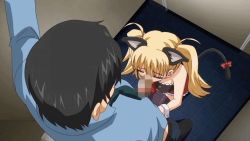 Rule 34 | 00s, 1boy, 1girl, akizuki airi, animal ears, animated, animated gif, bathroom, black hair, blonde hair, bow, cat ears, cat tail, censored, closed eyes, fellatio, from above, hetero, indoors, long hair, necktie, oni chichi, oral, penis, short hair, sitting, skirt, standing, tail, twintails, wrist cuffs
