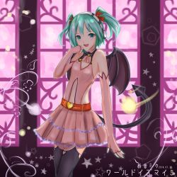 Rule 34 | 1girl, bad id, bad pixiv id, blush, dated, demon tail, elbow gloves, fingerless gloves, gloves, green eyes, green hair, hatsune miku, heart, heart hunter, highres, kinom (sculpturesky), matching hair/eyes, skirt, smile, solo, tail, thighhighs, twintails, vocaloid, wings, world is mine (vocaloid)