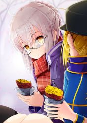 Rule 34 | &gt;:), 2girls, ahoge, artoria pendragon (all), artoria pendragon (fate), baseball cap, black-framed eyewear, black legwear, blonde hair, blue scarf, braid, closed mouth, coat, duffel coat, eye contact, fate/grand order, fate (series), food, french braid, glasses, hat, highres, holding, holding food, hopper, jacket, knees up, legs together, looking at another, multiple girls, mysterious heroine x (fate), mysterious heroine x alter (fate), mysterious heroine x alter (first ascension) (fate), open clothes, open coat, outdoors, plaid, plaid scarf, red scarf, reflection, roasted sweet potato, rojiura satsuki : chapter heroine sanctuary, saber (fate), scarf, semi-rimless eyewear, short hair with long locks, sidelocks, silver hair, sweet potato, thighhighs, track jacket, under-rim eyewear, v-shaped eyebrows, yellow eyes