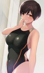 Rule 34 | 1girl, arm at side, black one-piece swimsuit, blush, breasts, brown eyes, brown hair, cccpo, collarbone, commentary request, competition swimsuit, covered navel, grin, hand to own mouth, hand up, highres, large breasts, looking at viewer, one-piece swimsuit, original, parted lips, smile, smug, solo, standing, swimsuit, tomboy