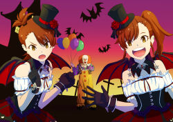 Rule 34 | 1boy, 2girls, :d, :o, balloon, bare shoulders, bat (animal), bat wings, black gloves, black hat, brown eyes, brown hair, clenched hands, clown, commentary request, crossover, fake wings, flower, futami ami, futami mami, gloves, gradient background, halloween, halloween costume, hand up, hands up, happy, hat, hat flower, highres, holding, holding balloon, idolmaster, idolmaster (classic), it (stephen king), looking at viewer, lower teeth only, mappy (minogue), medium hair, multiple girls, my dear vampire (idolmaster), off-shoulder shirt, off shoulder, one side up, open mouth, pennywise, pointing, pointing at viewer, purple background, red flower, red rose, red skirt, rose, round teeth, serious, shirt, short hair, short sleeves, siblings, side-by-side, side ponytail, simple background, sisters, skirt, smile, star ornament, swept bangs, teeth, top hat, twins, upper body, upper teeth only, v-shaped eyebrows, white shirt, wings, yellow background