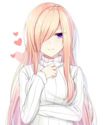 Rule 34 | 1girl, absurdres, blonde hair, eternity (pixiv8012826), hair over one eye, heart, highres, long hair, looking at viewer, original, purple eyes, ribbed sweater, shadow, simple background, smile, solo, sweater, upper body, very long hair, white background, white sweater