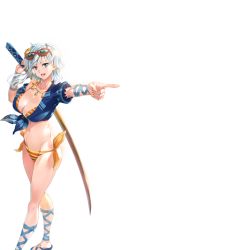 Rule 34 | 1girl, bikini, blue eyes, breasts, cleavage, groin, index finger raised, large breasts, legs, looking at viewer, medium hair, navel, open mouth, over shoulder, pointing, sacred sword princesses, shirt, solo, standing, string bikini, sunglasses, sunglasses on head, swimsuit, sword, thighs, tied shirt, transparent background, weapon, white hair