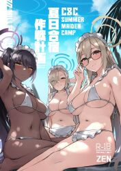 Rule 34 | 3girls, absurdres, akane (blue archive), arm behind head, arm up, asuna (blue archive), asymmetrical bangs, bikini, bikini top only, black hair, blue archive, blue eyes, blue halo, blue sky, blush, breasts, brown eyes, brown halo, cover, dark-skinned female, dark skin, glasses, hair between eyes, halo, halterneck, hand up, hands on eyewear, highres, indian style, karin (blue archive), large breasts, light brown hair, long hair, looking at viewer, maid, maid bikini, maid headdress, micro bikini, mole, mole on breast, multiple girls, navel, outdoors, palm tree, purple halo, rock, sitting, sitting on rock, sky, slit pupils, smile, sweatdrop, swimsuit, tree, unconventional maid, wariza, white bikini, yellow eyes, zen juraku