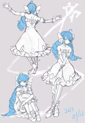 Rule 34 | 1girl, absurdres, ahoge, bare shoulders, blue hair, bow, collarbone, dated, drill hair, grey background, gwen (league of legends), hair bow, highres, league of legends, long hair, looking to the side, monakan japan, multiple views, pantyhose, shoes, sideways glance, sketch, twin drills, twintails