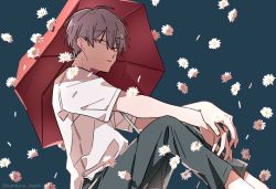 Rule 34 | 1boy, blue background, closed mouth, commentary request, daisy, expressionless, falling petals, flower, from side, grey hair, grey pants, kankara nashi, looking at viewer, male focus, original, pants, petals, red umbrella, shirt, short hair, short sleeves, simple background, sitting, solo, twitter username, umbrella, white flower, white shirt