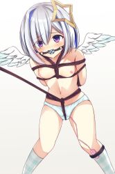 Rule 34 | 1girl, amane kanata, arms behind back, ball gag, bdsm, blue hair, blue socks, blush, bondage, bound, bound arms, breasts, collarbone, controller, crotch rope, drooling, feathered wings, female focus, gag, gagged, gradient background, grey hair, hololive, kaze (kaze kaza), kneehighs, leaning forward, legs apart, looking at viewer, multicolored hair, navel, nipples, open mouth, panties, plaid socks, purple eyes, raised eyebrows, remote control, remote control vibrator, rope, saliva, sex toy, shibari, sidelocks, simple background, small breasts, socks, solo, standing, stomach, streaked hair, thighs, topless, two-tone hair, underwear, vibrator, vibrator cord, vibrator under clothes, vibrator under panties, virtual youtuber, white background, white panties, white wings, wiffle gag, wings