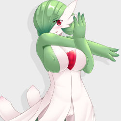 Rule 34 | 1girl, blush, breasts, cleavage, creatures (company), covered erect nipples, female focus, game freak, gardevoir, gen 3 pokemon, green hair, hair over one eye, kuroimori99, large breasts, licking lips, nintendo, no humans, pokemon, pokemon (creature), pussy, red eyes, short hair, smile, solo, tongue, tongue out, uncensored