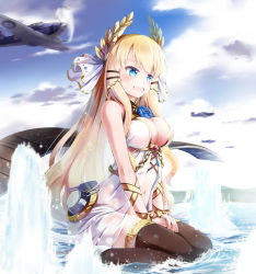 Rule 34 | 1girl, :d, afloat, aircraft, airplane, azur lane, black thighhighs, blonde hair, blue eyes, blue sky, blurry, breasts, chain, cleavage, cloud, cloudy sky, commentary request, day, depth of field, explosion, flight deck, hair ornament, horizon, laurel crown, long hair, looking away, machinery, navel, nitchi, ocean, open mouth, see-through, sitting, sky, smile, solo, thighhighs, turret, victorious (azur lane), wariza, wet, zettai ryouiki