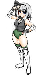 Rule 34 | 1girl, bandages, blue eyes, boots, breasts, elbow gloves, gloves, hairband, hand on own hip, knee boots, knee pads, konpaku youmu, leotard, mabuchoco m, necktie, ribbon, short hair, silver hair, sketch, solo, sweat, touhou, vest, white footwear, wrestling outfit