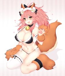 Rule 34 | animal ears, bell, blush, bra, breasts, brown eyes, collar, commentary, ears through headwear, fang, fate/grand order, fate (series), fox ears, fox tail, hand up, heart, highres, large breasts, looking at viewer, maid headdress, neck bell, panties, pink hair, ponytail, simple background, sitting, string panties, striped, striped background, tail, tamamo (fate), tamamo (fate), tamamo cat (fate), tamamo no mae (fate/extra), underwear, weeniedesu