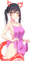 Rule 34 | 1girl, absurdres, animal ears, apron, apron lift, black hair, blush, breasts, cat ears, cat tail, clothes lift, collarbone, en&#039;en no shouboutai, fire, hair between eyes, highres, large breasts, lifting own clothes, looking at viewer, naked apron, okamired, pink apron, shiny skin, sideboob, solo, tail, tamaki kotatsu, thighs, twintails, wavy mouth, yellow eyes