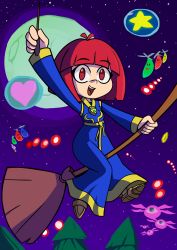 Rule 34 | 1girl, bob cut, broom, broom riding, bullet, cotton (character), cotton (game), crystal, cyclops, full moon, heart, highres, holding, holding broom, holding wand, monster, moon, night, night sky, one-eyed, red eyes, red hair, robe, short hair, sky, star (sky), star (symbol), tree, wand, witch, yellow footwear