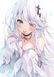 Rule 34 | 1girl, :o, :p, aqua eyes, bare shoulders, black choker, blue eyes, blush, breasts, chain, choker, cleavage, commentary, cross, cross choker, cross hair ornament, dress, ghost pose, hair flaps, hair ornament, hair over one eye, hands up, heterochromia, highres, jewelry, kakao rantan, light particles, long hair, long sleeves, looking at viewer, off-shoulder dress, off shoulder, original, pendant, purple eyes, simple background, sleeves past fingers, sleeves past wrists, solo, symbol-only commentary, tongue, tongue out, torn clothes, torn dress, torn sleeves, upper body, white background, white dress, white hair, wide sleeves