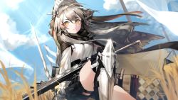 Rule 34 | 1girl, absurdres, arknights, black cape, black shorts, black thighhighs, blue sky, bow (weapon), breasts, bright pupils, cape, closed mouth, day, fartooth (arknights), feather hair, floating hair, grass, helmet, high-waist shorts, highres, long hair, looking at viewer, medium breasts, on one knee, outdoors, pouch, quiver, ribiadan, shin guards, shirt, shorts, signature, silver hair, sky, solo, thigh pouch, thigh strap, thighhighs, v-shaped eyebrows, very long hair, weapon, white shirt, wind, yellow eyes