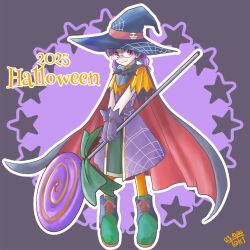 Rule 34 | 1girl, bat bowtie, braid, cape, dated, dress, full body, glasses, gloves, halloween, hat, hat ribbon, highres, holding, holding wand, original, purple background, purple dress, purple gloves, purple hair, red eyes, red ribbon, ribbon, signature, solo, spider web print, standing, star (symbol), starry background, toki tencho, twin braids, wand, witch, witch hat