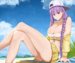 Rule 34 | 1girl, absurdres, ass, asymmetrical hair, backwards hat, bare shoulders, baseball cap, bb (fate), bb (fate) (all), bb (swimsuit mooncancer) (fate), bb (swimsuit mooncancer) (first ascension) (fate), beach, bikini, bikini top only, blue sky, braid, breasts, cleavage, cropped jacket, crossed legs, day, eko.art, fate/grand order, fate (series), hat, highres, huge filesize, jacket, knees up, large breasts, leaning back, long hair, looking at viewer, parted lips, purple eyes, purple hair, single braid, sitting, skirt, sky, smile, solo, swimsuit, thighs, very long hair, white bikini, white hat, yellow jacket, yellow skirt