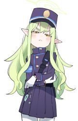 Rule 34 | 1girl, black hat, black jacket, black skirt, blue archive, blush, closed mouth, cowboy shot, green hair, green halo, halo, hat, hikari (blue archive), highres, jacket, kamo (kamonabe 44), long hair, long sleeves, looking at viewer, pantyhose, peaked cap, pleated skirt, pointy ears, simple background, skirt, solo, white background, white pantyhose, yellow eyes