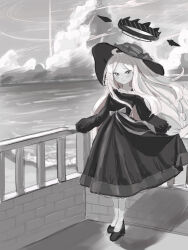 Rule 34 | 1girl, black dress, blue archive, blush, cloud, cloudy sky, day, dress, full body, greyscale, halo, highres, hina (blue archive), long hair, long sleeves, looking at viewer, monochrome, ocean, okomekura, outdoors, parted bangs, sky, solo, standing, summer, very long hair, white hair