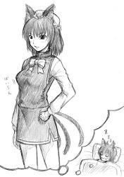 Rule 34 | 1girl, animal ears, cat ears, cat girl, chen, dreaming, closed eyes, female focus, greyscale, monochrome, mozan, multiple views, aged up, sketch, sleeping, solo, touhou, white background