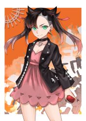 Rule 34 | 1girl, absurdres, asymmetrical bangs, asymmetrical hair, black hair, black jacket, black nails, blush, breasts, choker, collarbone, commentary, creatures (company), dress, earrings, game freak, green eyes, hair ribbon, highres, holding, holding poke ball, jacket, jewelry, long hair, long sleeves, looking at viewer, marnie (pokemon), nail polish, nintendo, open clothes, pink dress, poke ball, poke ball (basic), pokemon, pokemon swsh, red ribbon, ribbon, small breasts, solo, tsugeru, twintails