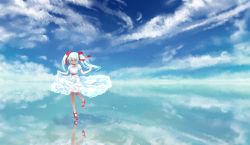 Rule 34 | 1girl, blue eyes, blue hair, blue sky, closed mouth, cloud, cloudy sky, day, dress, hair ribbon, hatsune miku, highres, horizon, jaco, negative space, puffy short sleeves, puffy sleeves, red footwear, red ribbon, ribbon, ripples, sash, shoes, short dress, short sleeves, skirt hold, sky, smile, solo, standing, standing on one leg, twintails, vocaloid, white dress
