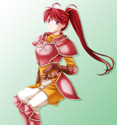 Rule 34 | 1girl, armor, armored boots, boots, fire emblem, fire emblem: path of radiance, gloves, highres, jill (fire emblem), long hair, matching hair/eyes, nintendo, ponytail, red eyes, red hair, solo, tamamon