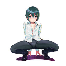 Rule 34 | 1girl, androgynous, arms behind back, belt, belt buckle, black belt, black footwear, black pants, blush, boots, breasts, bright pupils, buckle, button gap, cleavage, collarbone, commentary, dress shirt, expressionless, green eyes, green hair, hair between eyes, hands on ground, highres, kino (kino no tabi), kino no tabi, leaning back, long sleeves, midriff peek, navel, no bra, nose blush, pants, plunging neckline, screentones, shadow, shirt, short hair, simple background, small breasts, solo, speed j, spread legs, squatting, tiptoes, tomboy, very short hair, white background, white pupils, white shirt, wide spread legs