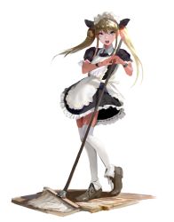 Rule 34 | 1girl, ankle boots, apron, attall, blonde hair, blue eyes, boots, broom, flat chest, highres, maid, maid apron, maid headdress, mop, nanbo ataru (attall), open mouth, original, over-kneehighs, simple background, smile, solo, thighhighs, twintails, white thighhighs