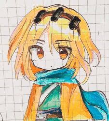 Rule 34 | 1other, androgynous, belt, blonde hair, blue scarf, brown belt, brown hairband, chuqi1030, closed mouth, commentary request, graph paper, green kimono, hairband, jacket, japanese clothes, kimono, len&#039;en, looking at viewer, medium hair, no nose, open clothes, open jacket, orange eyes, orange jacket, other focus, scarf, solo, traditional media, upper body, zuifeng tenkai