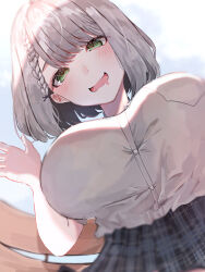 Rule 34 | 1girl, blue skirt, blush, braid, braided bangs, breast pocket, drooling, green eyes, grey hair, heart, heart in eye, highres, hololive, kashio (92984798), looking at viewer, medium hair, mouth drool, official alternate costume, open mouth, pleated skirt, pocket, shirogane noel, shirogane noel (school uniform), skirt, smile, solo, symbol in eye, virtual youtuber