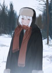 Rule 34 | 1girl, absurdres, arms at sides, black coat, black hat, closed mouth, coat, cowboy shot, day, expressionless, fur-trimmed sleeves, fur hat, fur trim, grey eyes, hat, highres, long sleeves, looking at viewer, nature, original, outdoors, red pupils, red scarf, riroi (rntr ll), scarf, shirt, short hair, sky, snow, solo, standing, tree, ushanka, white hair, white shirt, white sky