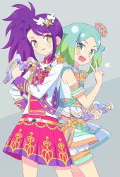 Rule 34 | 2girls, :d, blue hair, commentary request, cowboy shot, epaulettes, fang, gradient hair, green eyes, green hair, grey background, hand on own hip, hand up, holding, holding microphone, idol clothes, idol time pripara, jacket, ku (residual666), long hair, long sleeves, looking at viewer, microphone, multicolored hair, multiple girls, nijiiro nino, open mouth, pleated skirt, pretty series, pripara, purple hair, sash, shirt, short hair, shoulder sash, side ponytail, simple background, skirt, smile, standing, star (symbol), toudou shion, v, white jacket, yellow eyes