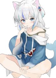 1girl animal_ear_fluff animal_ears animal_hood barefoot blue_eyes blue_hair blue_hoodie blush cat_ears drawstring fins fish_tail gawr_gura hair_ornament hairclip highres hololive hololive_english hood hood_down hoodie licking licking_finger long_hair long_sleeves looking_at_viewer multicolored_hair off_shoulder open_mouth ruwo_benzen shark_hood shark_tail silver_hair simple_background sitting solo streaked_hair tail virtual_youtuber white_background wide_sleeves