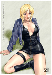 Rule 34 | 1girl, aya brea, azasuke, blonde hair, breasts, cleavage, highres, leather, non-web source, open clothes, open shirt, panties, pantyshot, parasite eve, parasite eve ii, shirt, solo, thigh strap, underwear