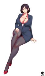 Rule 34 | 1girl, absurdres, black choker, black suit, blue eyes, breasts, brown hair, choker, cleavage, commentary, commission, dated, dress shirt, english commentary, formal, high heels, highres, id card, large breasts, medium hair, nachtness, office lady, original, pantyhose, red shirt, shirt, signature, simple background, smile, solo, strappy heels, suit