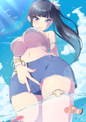 Rule 34 | 1girl, absurdres, bikini, bird, black hair, blue eyes, blue sky, blunt bangs, bracelet, breasts, closed mouth, cloud, clownfish, commentary request, day, denim, denim shorts, fish, flower, from below, hair flower, hair ornament, highleg, highleg bikini, highres, jewelry, large breasts, lens flare, looking at viewer, mole, mole on breast, mole on pussy, mole on stomach, mole under eye, mole under mouth, o-ring, o-ring thigh strap, ocean, original, outdoors, partially submerged, ponytail, sakamata (sakamata4), short shorts, shorts, sky, smile, solo, standing, suggestive gesture, swimsuit, swimsuit under clothes, thigh strap, thighs, unbuttoned, underboob, v, wading, white bikini, white bird