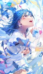 Rule 34 | 1girl, absurdres, blood, blood on face, blue bow, blue hair, blue theme, blurry, bow, close-up, confetti, cowboy shot, cure white, cuts, dappled sunlight, day, depth of field, detached sleeves, earrings, eyelashes, flag, floating hair, from side, futari wa precure, hair between eyes, hair bow, hair ornament, half updo, hand up, heart, heart earrings, heart hair ornament, highres, idoukunn, injury, jewelry, long hair, looking away, looking up, o-ring, open mouth, ponytail, pouch, precure, purple eyes, running, short sleeves, solo, string of flags, sunlight, water, yukishiro honoka