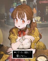 Rule 34 | 1girl, absurdres, arm rest, bottle, bow, bowtie, breast rest, breasts, breasts on table, brown hair, choker, cleavage, commentary request, cup, dialogue box, food, fork, gameplay mechanics, hair ribbon, highres, jun (navigavi), leaning forward, long hair, looking at viewer, meat, medium breasts, mug, orange eyes, original, ponytail, potato, red bow, red bowtie, ribbon, sausage, solo, table, translation request, weibo logo, weibo watermark, wooden table, wrist cuffs