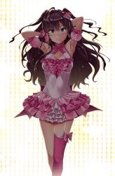 Rule 34 | 10s, 1girl, :3, absurdres, ahoge, armpits, arms up, blue eyes, blush, breasts, brown hair, cleavage, cleavage cutout, clothing cutout, commentary request, detached sleeves, dress, garter straps, hair ornament, highres, ichinose shiki, idolmaster, idolmaster cinderella girls, long hair, looking at viewer, nishi (count2.4), pink dress, pink thighhighs, puffy short sleeves, puffy sleeves, short sleeves, single thighhigh, smile, solo, thighhighs, twintails, two side up