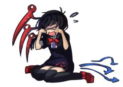 Rule 34 | &gt; &lt;, 1girl, :d, > <, asymmetrical wings, black dress, black hair, black thighhighs, bow, closed eyes, crying, dress, flying teardrops, full body, houjuu nue, ichiba youichi, injury, on ground, open mouth, pain, red footwear, rubbing eyes, shoes, short hair, short sleeves, simple background, single wing, sitting, smile, solo, thighhighs, touhou, white background, wings, xd, zettai ryouiki