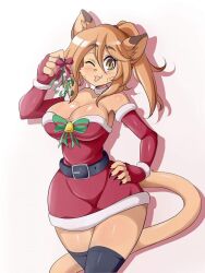 Rule 34 | 1girl, animal ears, breasts, cat ears, cat tail, christmas, cleavage, curvy, dress, fang, furry, furry female, goya (lucyfer), hand on own hip, large breasts, long hair, looking at viewer, lucyfer, nail polish, one eye closed, original, ponytail, santa dress, simple background, smile, standing, tail, white background, wide hips, wink