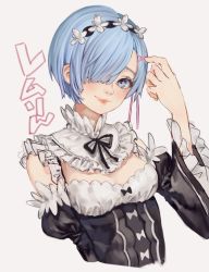 Rule 34 | 1girl, black ribbon, blue eyes, blue hair, breasts, closed mouth, detached collar, detached sleeves, female focus, hair over one eye, hand up, long sleeves, looking at viewer, maid headdress, matching hair/eyes, neck ribbon, one eye covered, re:zero kara hajimeru isekai seikatsu, rem (re:zero), ribbon, short hair, simple background, small breasts, smile, solo, toma (me666nm), upper body, white background, wide sleeves