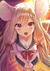 Rule 34 | 1girl, animal ears, blonde hair, blush, bow, breasts, cleavage, collarbone, from above, hair bow, hair ornament, hanasaki mahiru, highres, kneehighs, long hair, looking at viewer, mouse ears, mouse girl, open mouth, original, personification, red bow, red eyes, school uniform, serafuku, shirt, short sleeves, skirt, small breasts, socks, solo, white shirt